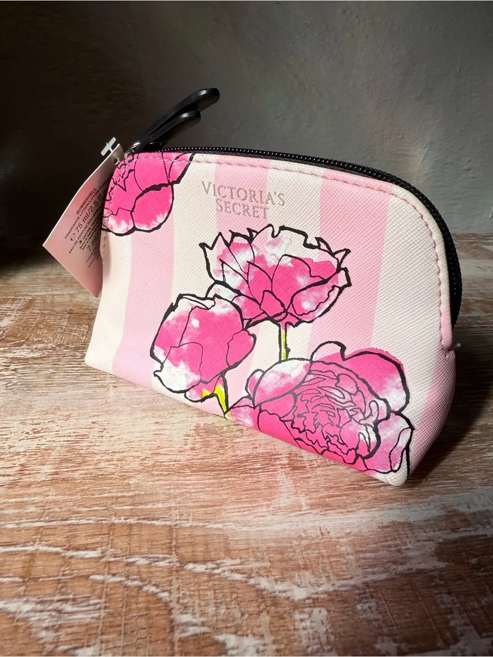Victoria's Secret Pink Striped Floral Cosmetic Pouch
